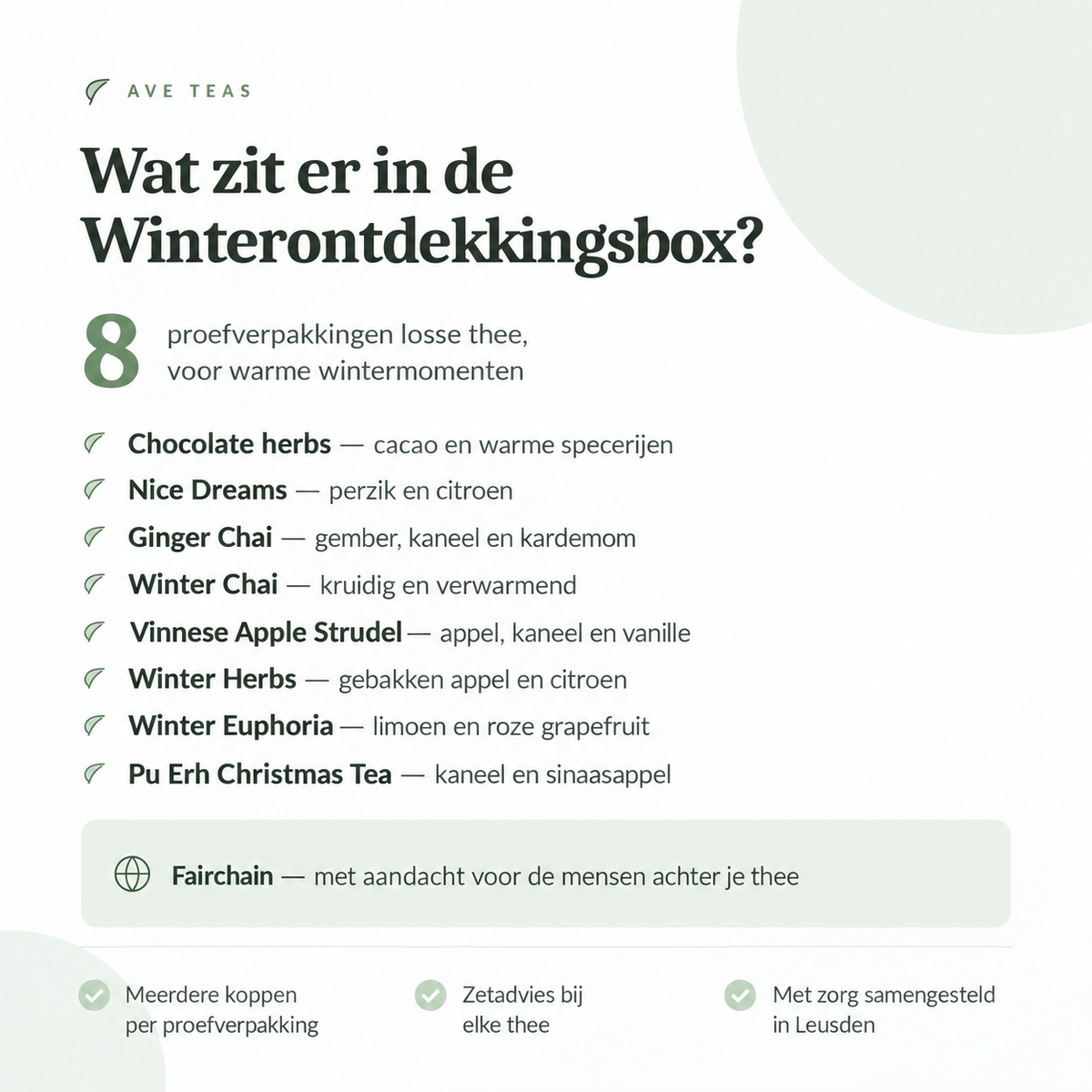 Inhoud van de AveTeas winterontdekkingsbox met acht wintertheeën