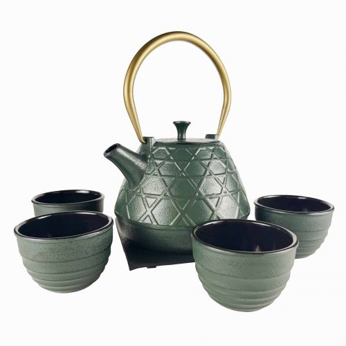Komorebi Gietijzeren Theeset 1000ml met Metalen Filter, Groen, 4 Kopjes en Onderzetter