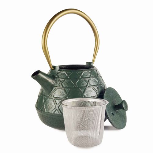 Komorebi Gietijzeren Theeset 1000ml met Metalen Filter, Groen, 4 Kopjes en Onderzetter
