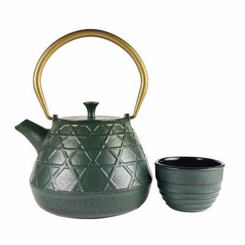 Komorebi Gietijzeren Theeset 1000ml met Metalen Filter, Groen, 4 Kopjes en Onderzetter