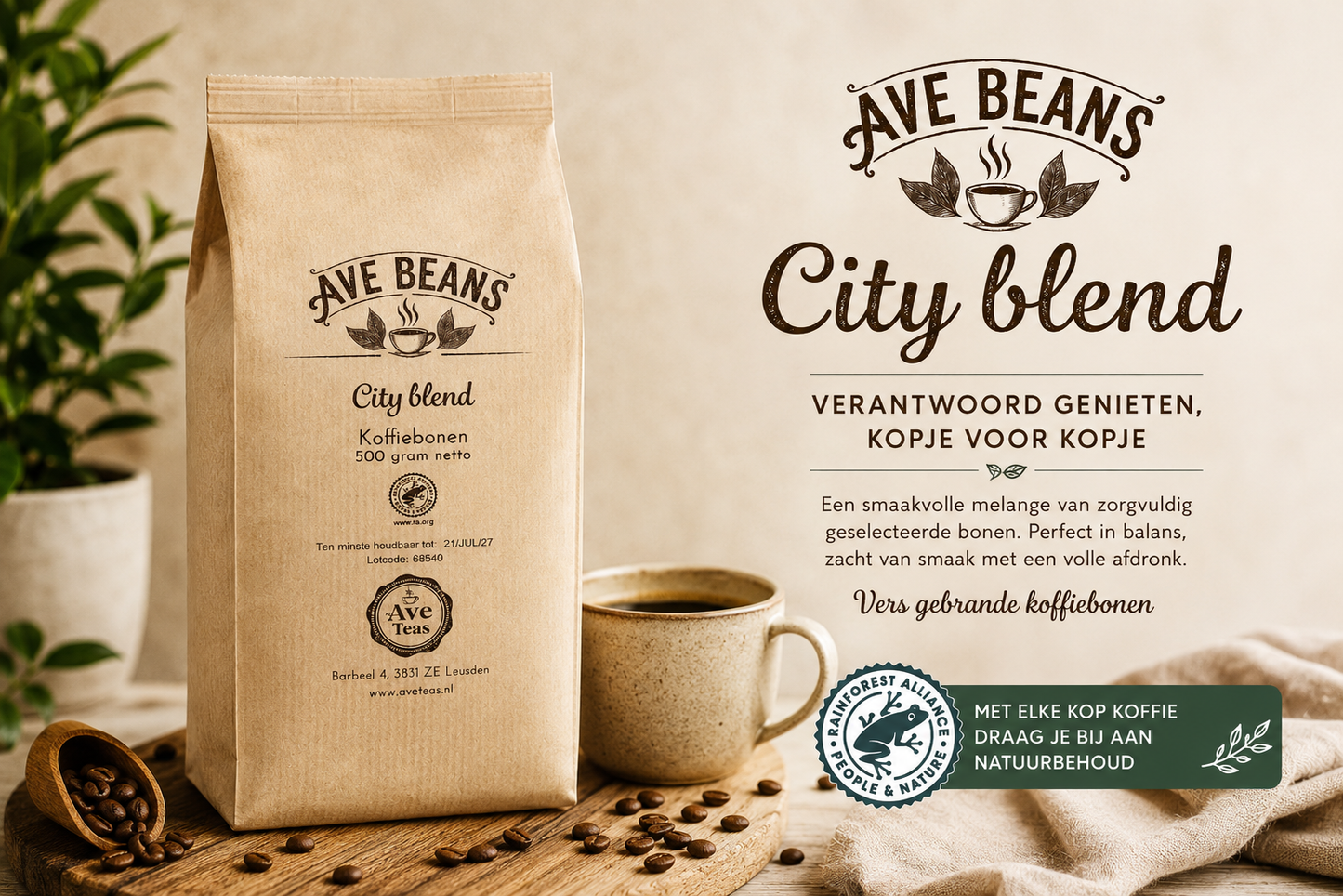 Ave Beans City Blend koffiebonen, 500 gram vers gebrand