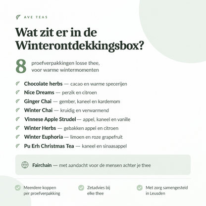 Inhoud van de AveTeas winterontdekkingsbox met acht wintertheeën