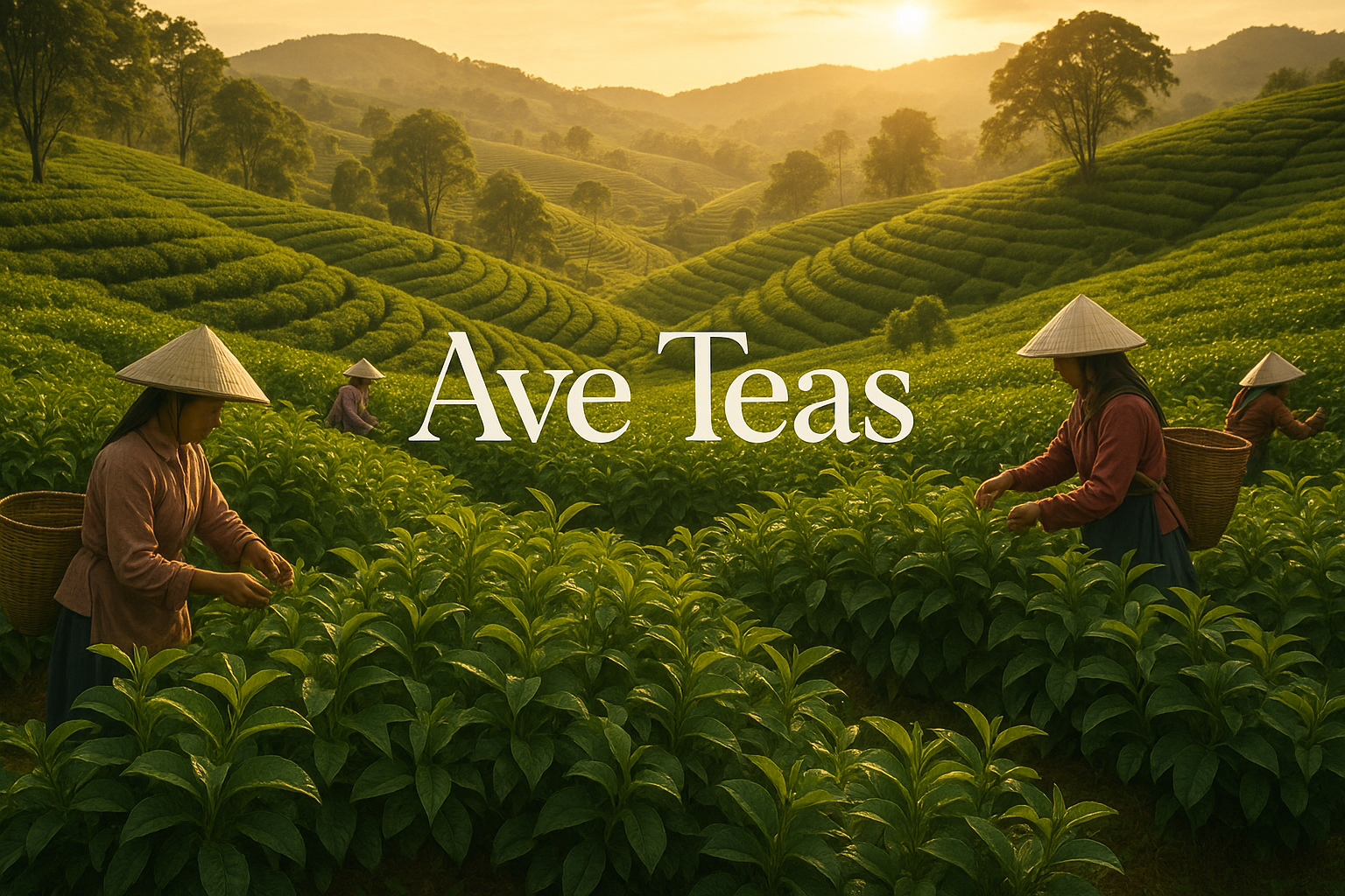 een veld waar thee geplukt wordt, waarbij in het midden van het scherm staat Ave Teas