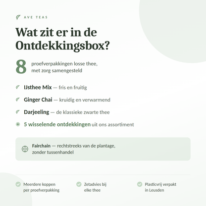 Overzicht van de inhoud van de Ontdekkingsbox: acht proefverpakkingen losse thee
