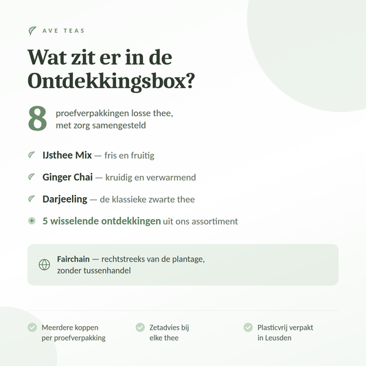 Overzicht van de inhoud van de Ontdekkingsbox: acht proefverpakkingen losse thee