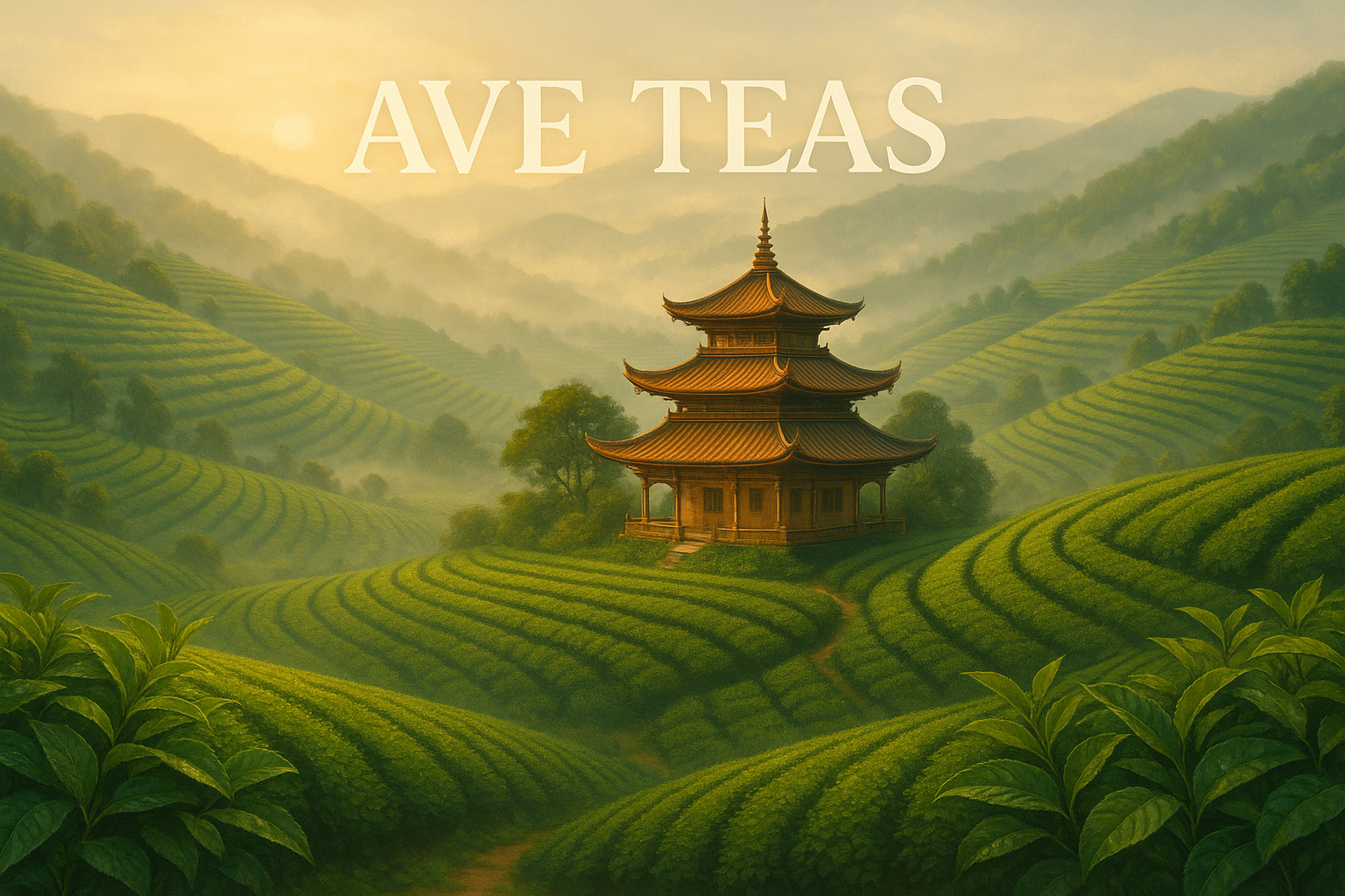 zorg voor een mooie achtergrond in thee thema, denk hierbij aan een tempel midden in een theeveld,